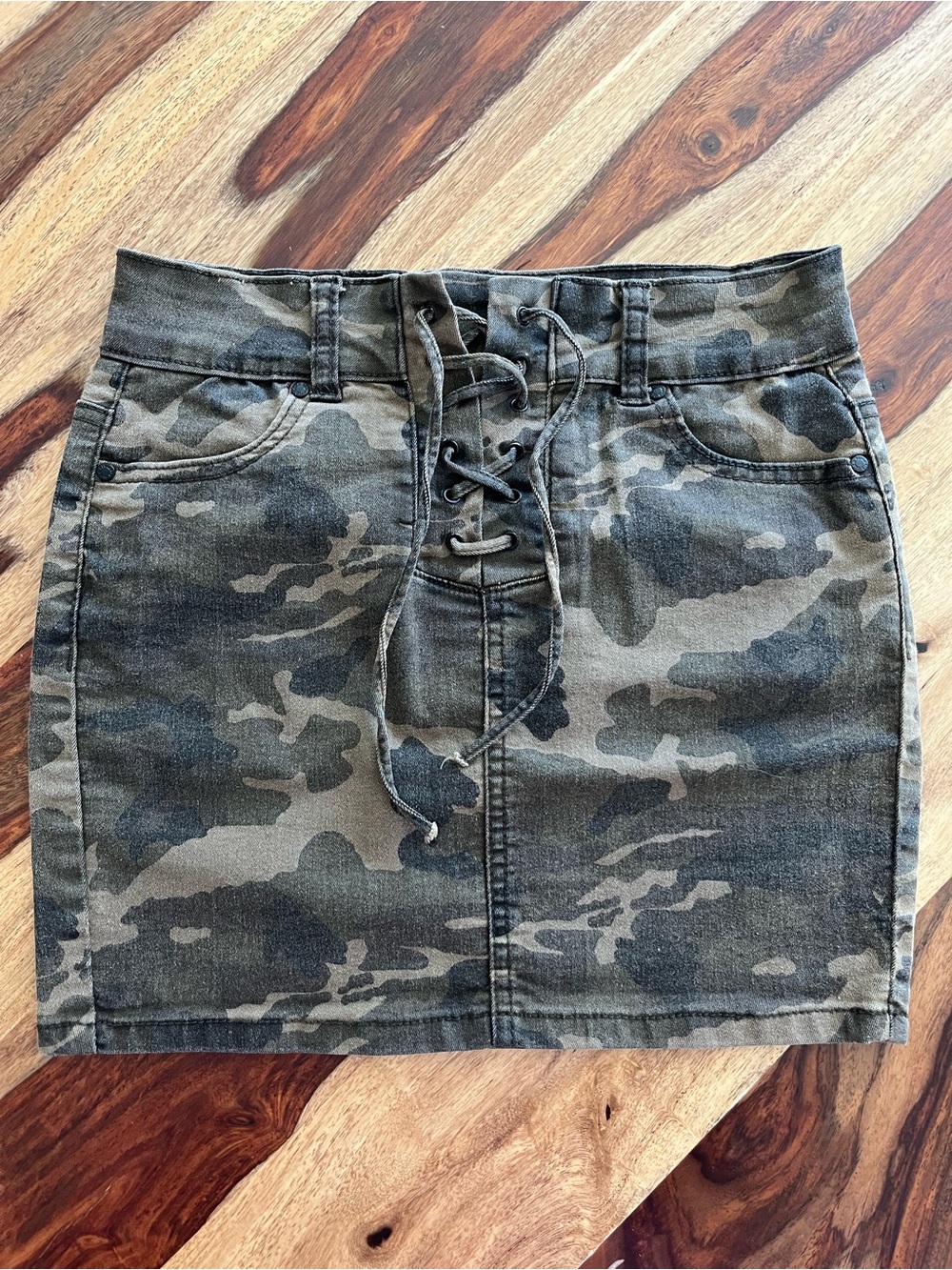 Revamped Denim Camouflage Lace Up Mini Skirt Camo Y2K